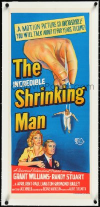2s0873 INCREDIBLE SHRINKING MAN linen Aust daybill 1957 different art of him grabbed by tweezers!