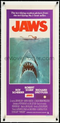 2s0875 JAWS linen Aust daybill 1975 Spielberg, Roger Kastel art of man-eating shark attacking swimmer!