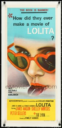 2s0880 LOLITA linen Aust daybill 1962 Stanley Kubrick, sexy Sue Lyon w/ heart sunglasses & lollipop!