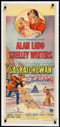 2s0905 SASKATCHEWAN linen Aust daybill 1954 art of Mountie Alan Ladd & sexy Shelley Winters, rare!