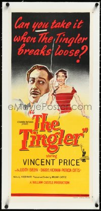 2s0914 TINGLER linen Aust daybill 1959 Vincent Price, directed by William Castle, cool art!