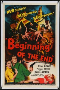 2s0940 BEGINNING OF THE END linen 1sh 1957 Peter Graves & Peggie Castle, giant grasshopper sci-fi!