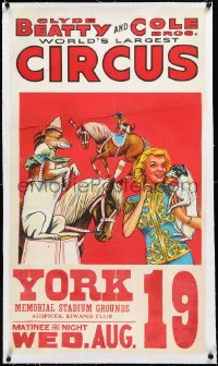 2s0582 CLYDE BEATTY-COLE BROS CIRCUS linen 21x37 circus poster 1950s art of woman w/ dogs & horses!