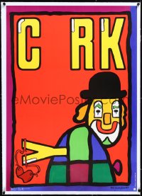 2s0602 CYRK linen 27x38 Polish commercial poster 1979 Jan Mlodozeniec art of clown w/ slingshot!