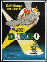 2s0671 DUMBO linen Danish R1950s Walt Disney classic, Stilling art of him flying over Timothy, rare!