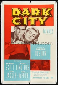 2s0976 DARK CITY linen 1sh 1950 gambler Charlton Heston's first role, sexy Lizabeth Scott