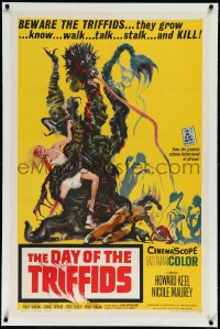 2s0977 DAY OF THE TRIFFIDS linen 1sh 1962 classic English sci-fi horror, cool art of monster w/girl!