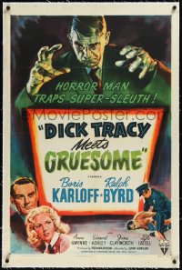 2s0983 DICK TRACY MEETS GRUESOME linen 1sh 1947 art of horror man Boris Karloff looming over title!