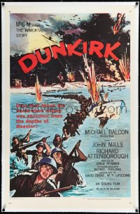 2s0989 DUNKIRK linen 1sh 1958 World War II art of thousands of armed soldiers evacuating the city!