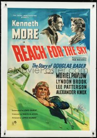 2s0701 REACH FOR THE SKY linen English 1sh 1957 art of English pilot Kenneth More + RAF airplanes!