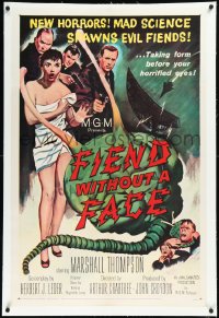 2s0997 FIEND WITHOUT A FACE linen 1sh 1958 giant brain & sexy girl in towel, mad science spawns evil!