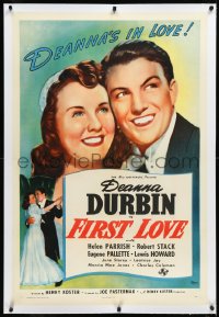 2s1000 FIRST LOVE linen style B 1sh 1939 great art of pretty Deanna Durbin & Robert Stack in love!