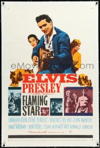 2s1001 FLAMING STAR linen style B 1sh 1960 Elvis Presley w/ guitar & shirtless, Barbara Eden, Del Rio!