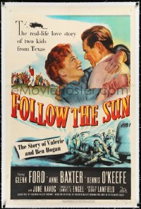 2s1003 FOLLOW THE SUN linen 1sh 1951 Glenn Ford in the story of Valerie and Ben Hogan + cool golf art!