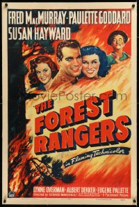 2s1006 FOREST RANGERS linen 1sh 1942 art of Fred MacMurray, Paulette Goddard & Susan Hayward in blaze!
