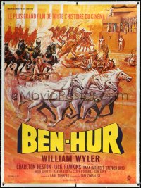 2s0524 BEN-HUR linen French 1p R1970s great different art of Charlton Heston in chariot race, rare!