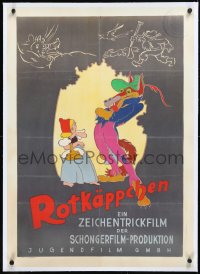 2s0727 ROTKAPPCHEN linen German 1940s art of Little Red Riding Hood & The Big Bad Wolf, ultra rare!
