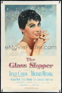 2s1016 GLASS SLIPPER linen 1sh 1955 great close up art of pretty Leslie Caron by Jon Whitcomb!