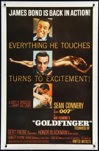 2s1020 GOLDFINGER linen 1sh 1964 three great images of Sean Connery as James Bond with flat finish!