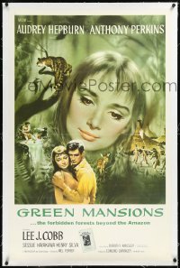2s1030 GREEN MANSIONS linen int'l 1sh 1959 art of Audrey Hepburn & Anthony Perkins by Joseph Smith!