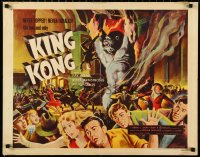 2s0464 KING KONG 1/2sh R1956 full-color art of top cast fleeing ape by flames, like 1933 6-sheet!