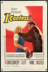 2s1053 I CONFESS linen 1sh 1953 Alfred Hitchcock, art of Montgomery Clift grabbing Anne Baxter!