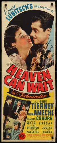 2s0454 HEAVEN CAN WAIT insert 1943 c/u of Gene Tierney & Ameche, directed by Ernst Lubitsch, rare!