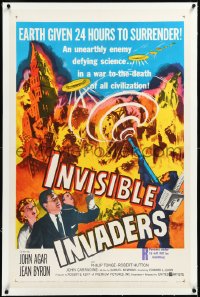 2s1066 INVISIBLE INVADERS linen 1sh 1959 cool artwork of alien who gives Earth 24 hours to surrender!