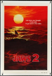 2s1071 JAWS 2 linen 1sh 1978 shark's fin cutting through ocean at sunset, plus most iconic tagline!