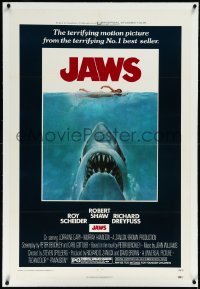 2s1070 JAWS linen 1sh 1975 Roger Kastel art of Spielberg's man-eating shark attacking sexy swimmer!