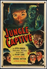 2s1078 JUNGLE CAPTIVE linen 1sh 1945 Vicky Lane as the Ape Woman, Rondo Hatton as Moloch the Brute!