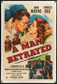 2s1099 MAN BETRAYED linen 1sh R1953 great romantic art of big John Wayne & pretty Frances Dee!