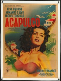 2s0690 ACAPULCO linen Mexican poster 1952 art of sexiest barely-dressed Elsa Aguirre by Mendoza!