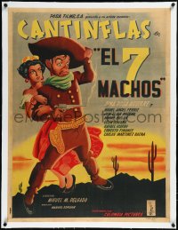 2s0692 EL 7 MACHOS linen Mexican poster 1950 art of wacky cowboy Cantinflas with sexy senorita, rare!