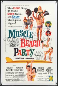 2s1111 MUSCLE BEACH PARTY linen 1sh 1964 Frankie & Annette Funicello, 10,000 biceps & 5,000 bikinis!