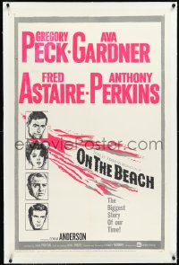 2s1125 ON THE BEACH linen 1sh 1959 art of Gregory Peck, Ava Gardner, Fred Astaire & Anthony Perkins!