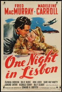 2s1130 ONE NIGHT IN LISBON linen 1sh 1941 art of Fred MacMurray & uniformed Madeleine Carroll, rare!