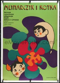 2s0697 POOR MILLER'S BOY & THE KITTEN linen Polish 23x33 1972 cute Lipinska art of children, rare!