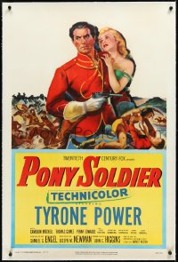 2s1140 PONY SOLDIER linen 1sh 1952 art of Royal Canadian Mountie Tyrone Power & Penny Edwards!
