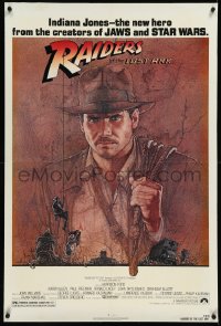 2s1151 RAIDERS OF THE LOST ARK linen 1sh 1981 great art of adventurer Harrison Ford by Richard Amsel