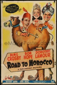 2s0167 ROAD TO MOROCCO 1sh 1942 wacky art of Bob Hope, Bing Crosby & Dorothy Lamour on camel!