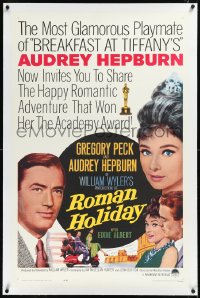 2s1162 ROMAN HOLIDAY linen 1sh R1962 beautiful Audrey Hepburn & Gregory Peck, Vespa, William Wyler!