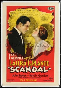 2s1170 SCANDAL linen 1sh 1929 cool romantic art of Laura LaPlante & John Boles over newspaper, rare!