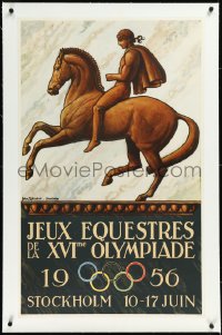 2s0607 1956 SUMMER OLYMPICS linen 25x39 Swedish special poster 1955 Sjosvard equestrian art, rare!