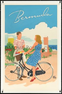 2s0629 ADOLPH TREIDLER linen 24x38 travel poster 1950s art of man & woman w/bicycle in Bermuda, rare!