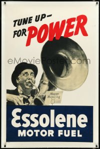 2s0596 ESSO linen 28x44 advertising poster 1940s art of man playing tuba, Tune Up For Power, rare!