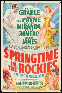 2s1191 SPRINGTIME IN THE ROCKIES linen 1sh 1942 art of Betty Grable, Cesar Romero & Carmen Miranda!