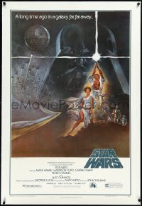 2s1199 STAR WARS linen second printing 1sh 1977 A New Hope, Jung art of Darth Vader over Luke & Leia!