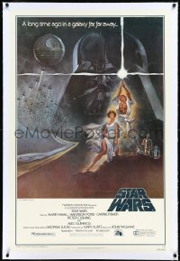 2s1198 STAR WARS linen fourth printing 1sh 1977 A New Hope, Jung art of Vader over Luke & Leia!