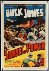 2s1210 SUNSET OF POWER linen 1sh 1935 great art Buck Jones pointing gun & cattle stampede, rare!